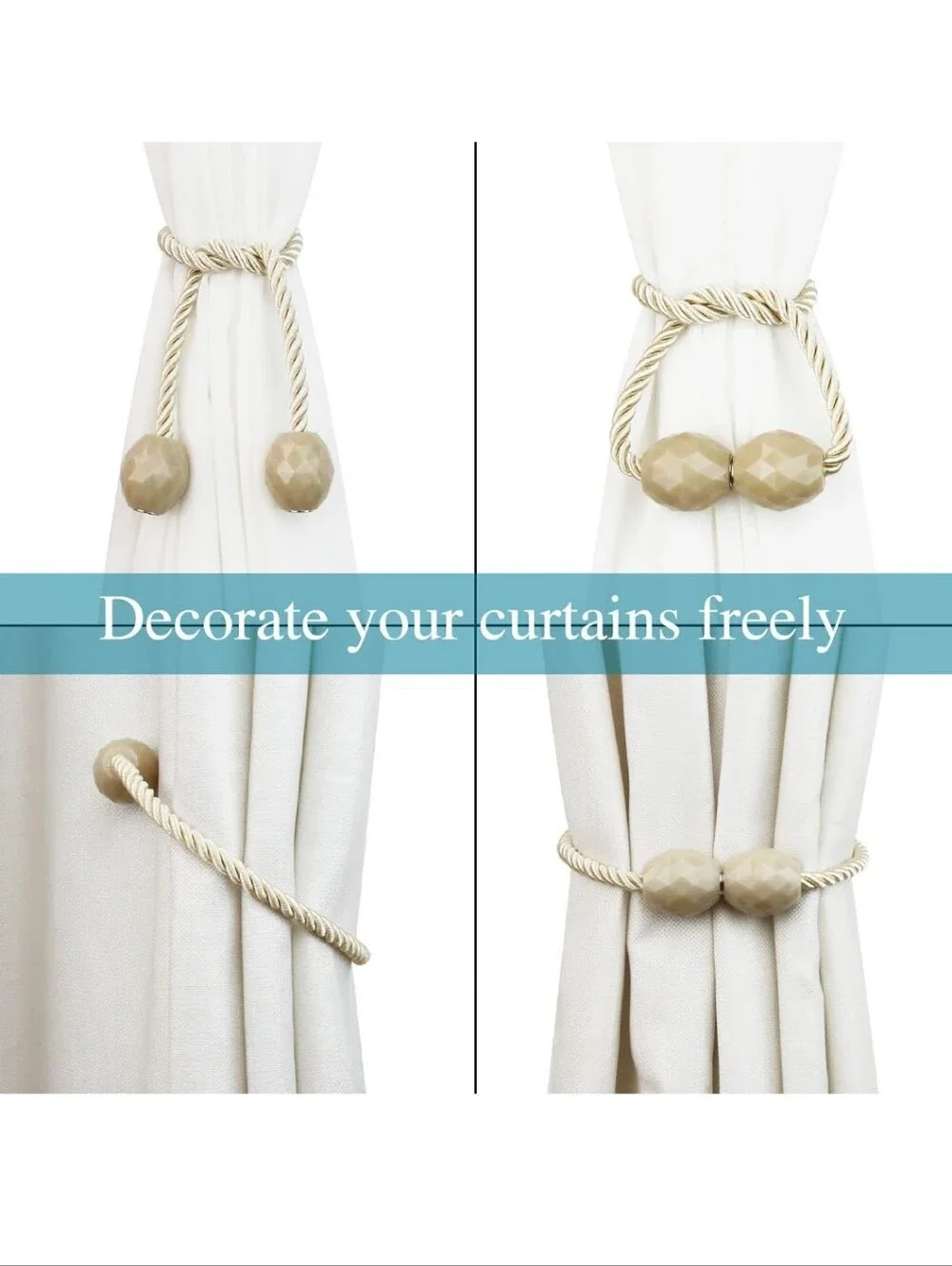 NWT 8 Pack Beige Curtain Tiebacks Set - Elegant Rope & Faceted Bead Design